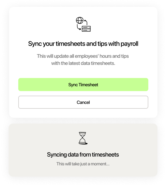 7shifts screen for syncing restaurant worker timesheets and tips with payroll
