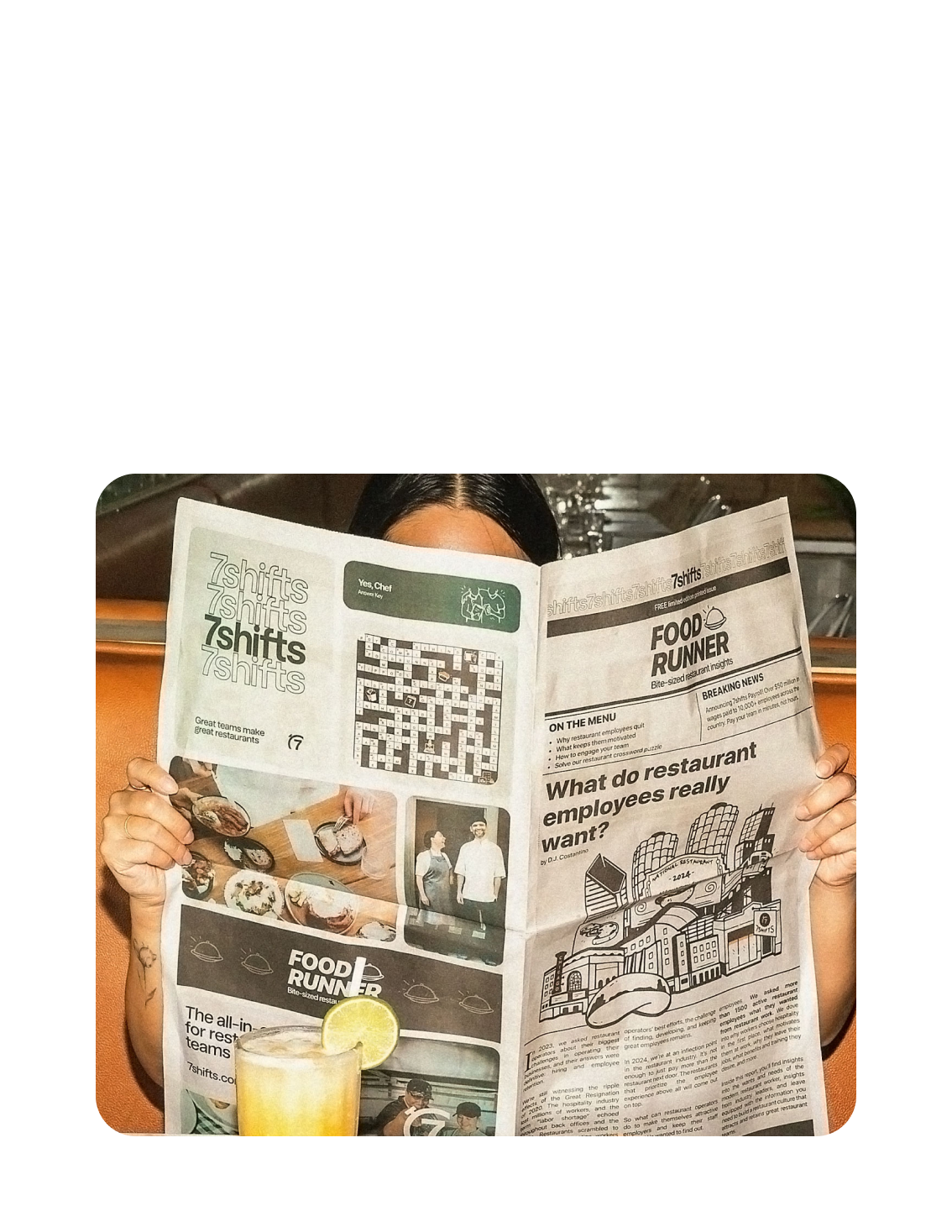 Promotional image of woman reading 7shifts Food Runner newsletter